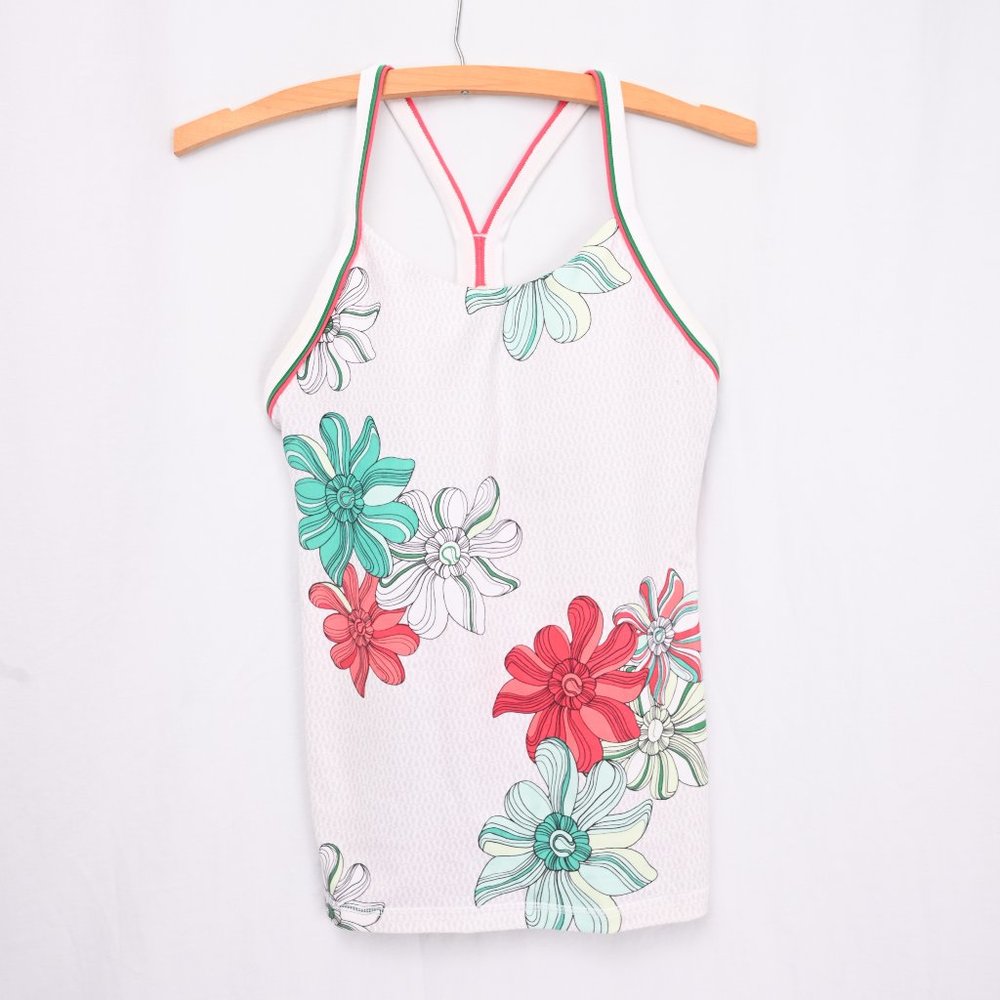 Lululemon White Pink Floral Racerback Workout Tank w Built In Bra - Size XS (6)